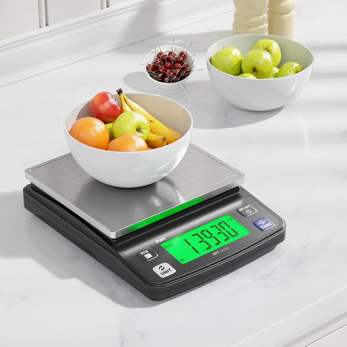 Polit Digital Kitchen Scale KT-66 30lb/13kg｜0.05oz/1g Precision Food Scale with LCD Display｜Battery or Plug-in｜Stainless Steel Top｜Grams, Ounces, Pounds｜5 Units for Baking, Farming & Shipping Scale