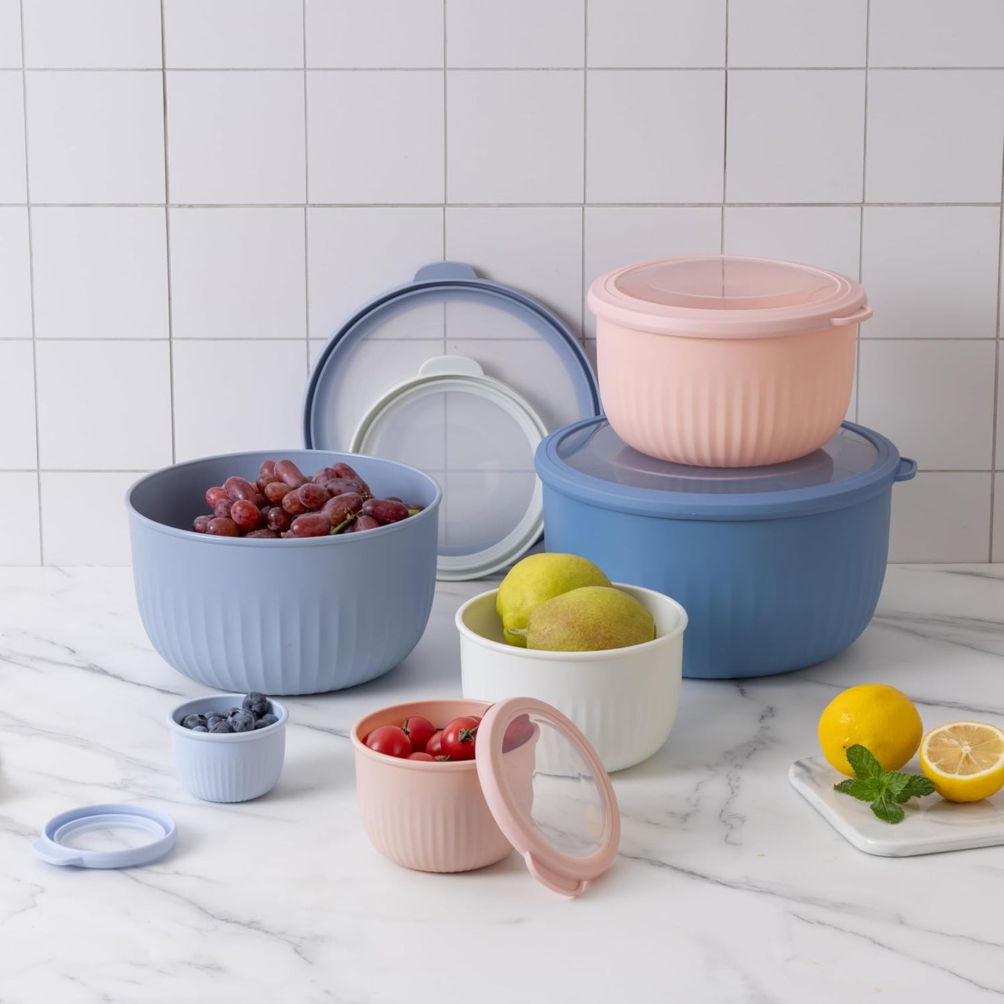 COOK WITH COLOR Prep Bowls with Lids- Wide and Deep Nesting Plastic Small Mixing Bowl Set with Lids, 8 Piece Set - Wide Bowls, Blue