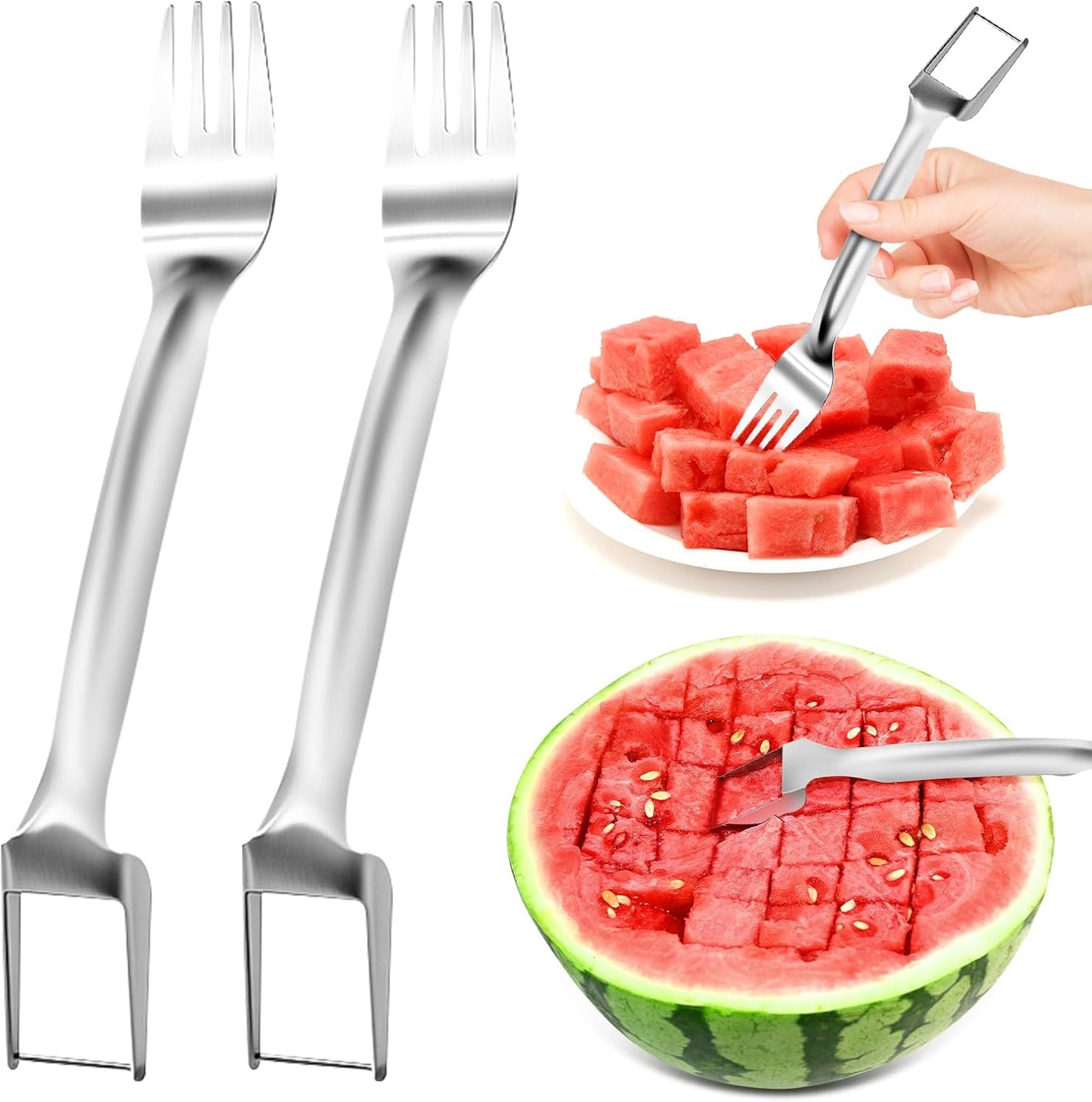 2 PCS Stainless Steel Watermelon Slicer and Fork - 2-in-1 Portable Kitchen Tool for Home Camping and Parties