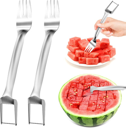 2 PCS Stainless Steel Watermelon Slicer and Fork - 2-in-1 Portable Kitchen Tool for Home Camping and Parties