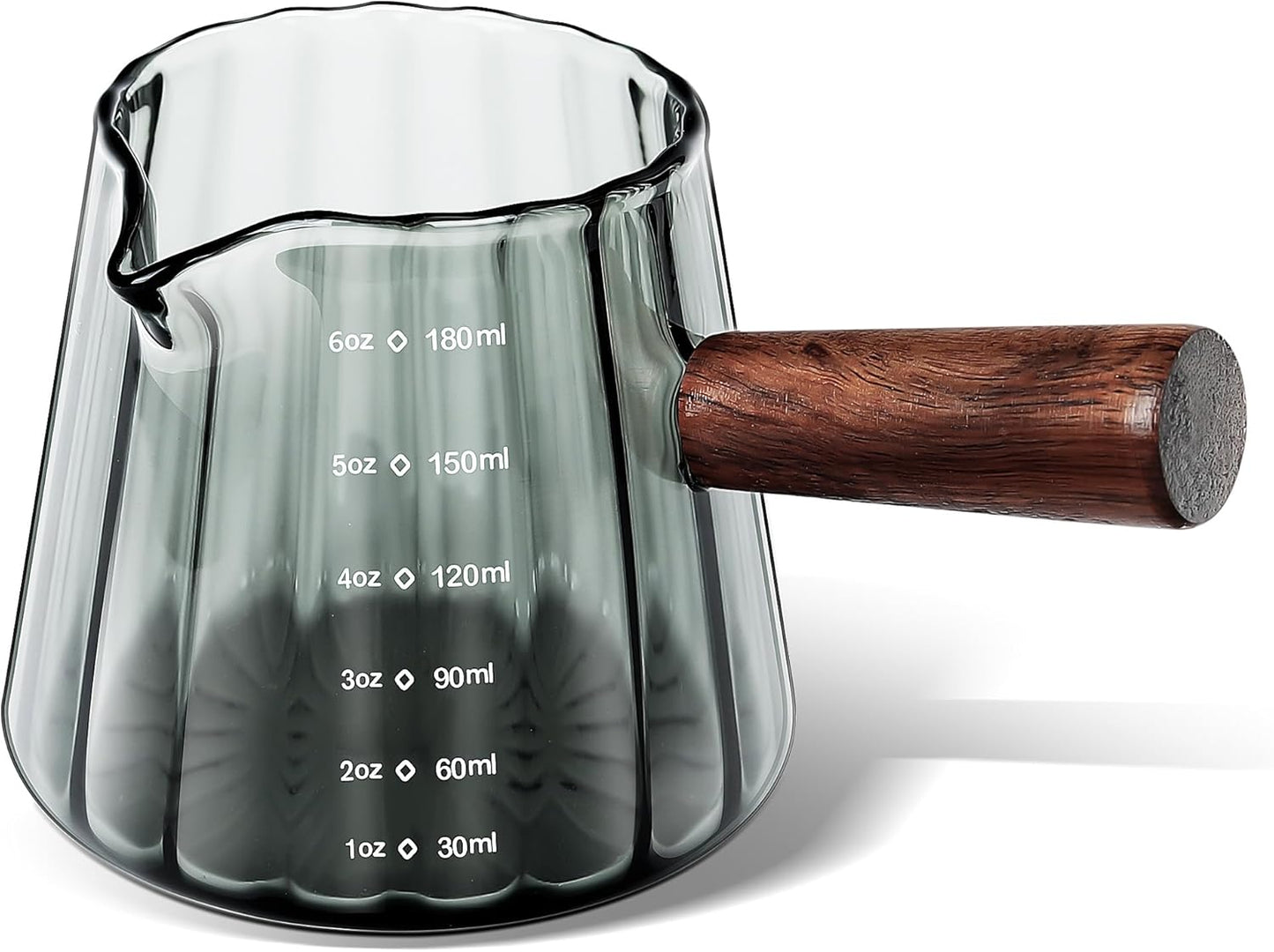 Joeyan 6 oz Glass Measuring Cups with Spout,Borosilicate Glass Triple Pitcher with Scale,Origami Style Espresso Shot Glasses with Wood Handle for Coffee Milk,Dishwasher Safe