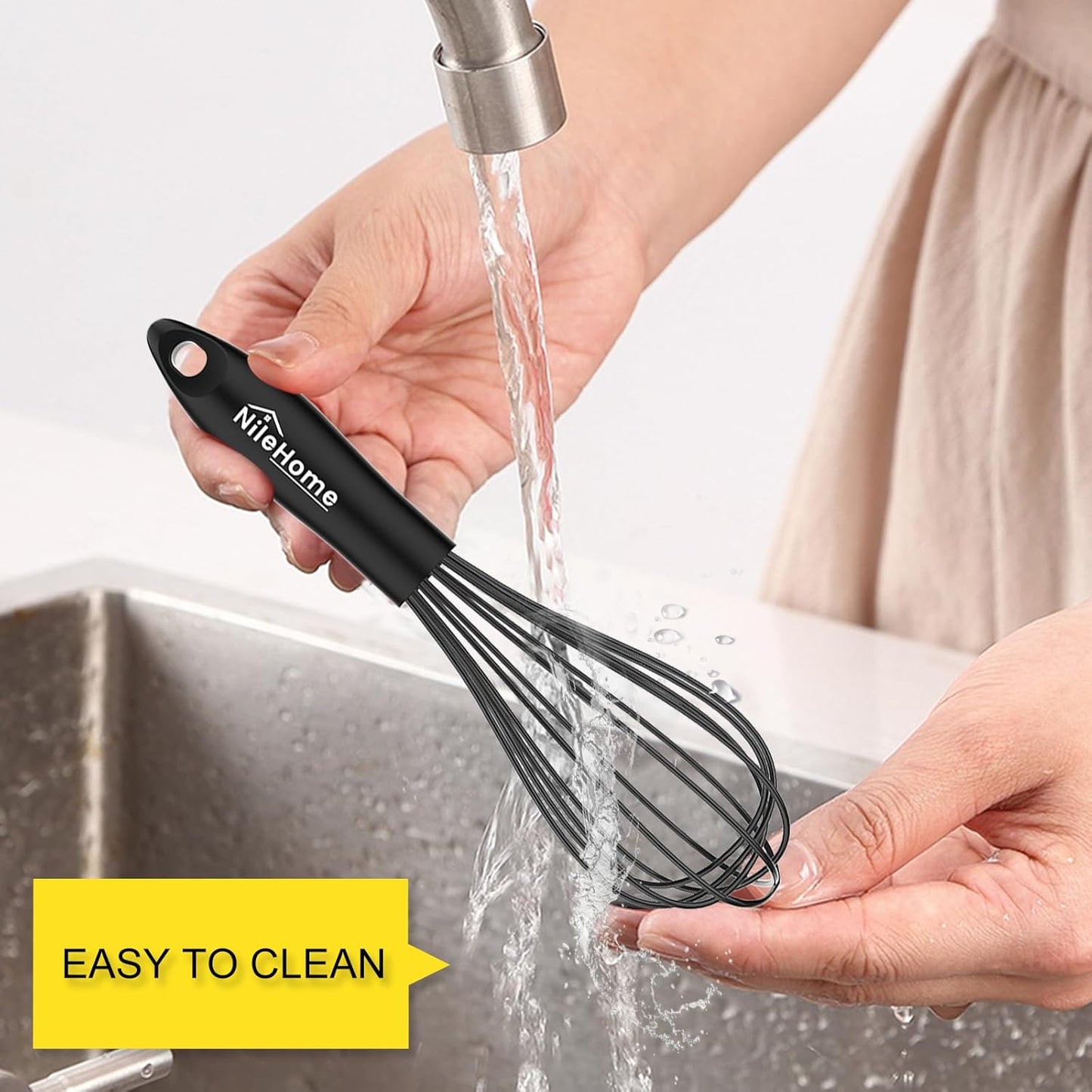 NileHome Silicone Whisk Set 8" 10" 12" Kitchen Whisk Kitchen Wisk Wire Whisks for Cooking, Whisking, Blending, Beating, Stirring-Black 3 Pack