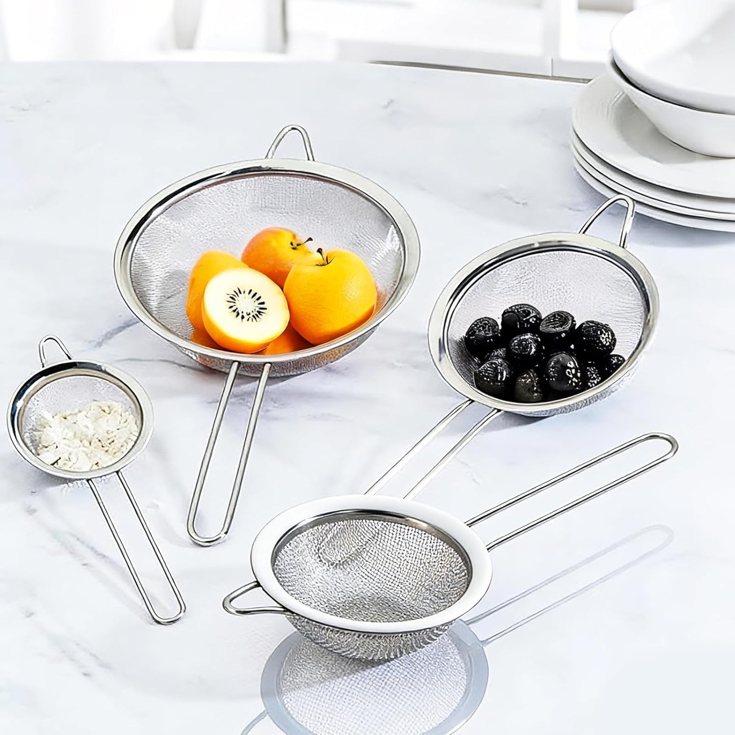 6 Pcs Fine Mesh Strainers with Handle, Stainless Steel Sifter Small Medium Large Strainer Set, Metal Sieve for Baking Flour, Tea, Cocktail, Juice