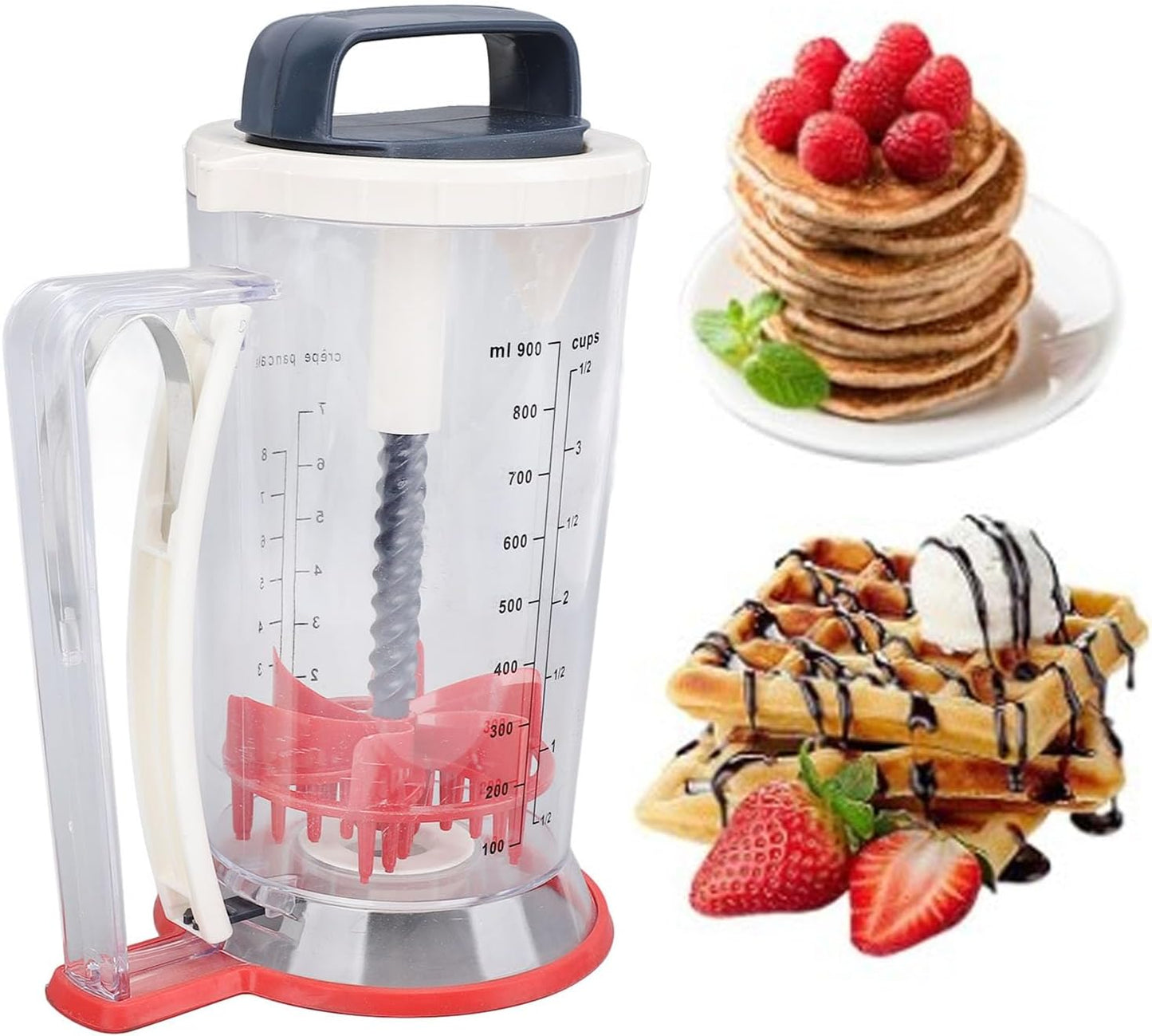 Pancake Batter Dispenser, 900ml Multifunction Manual Batter Separator with Squeeze Handle Mixing Function and Measuring Scale Baking Tool for Pancakes, Waffles, Muffins, Crepes & Cupcakes