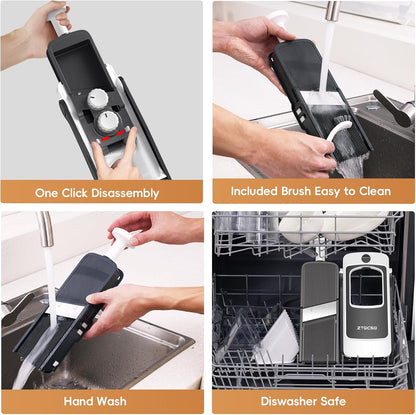 [All in 1] Vegetable Slicer with Adjustable Thickness, Easy to Clean Potato Mandoline Slicer with Container, Rapid Prep French Fry Veggie Cutter/Onion Slicer, Free Grater/Cleaning Brush (Gray)