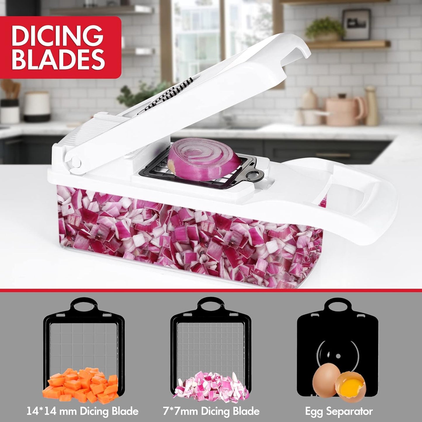 Ourokhome Vegetable Chopper Onion Cutter, 14 in 1 Professional Mandolin Slicer for Kitchen, Multifunctional Food Chopper for Potato, Tomato, Veggie with Strainer Basket, 10 Blades, Gray