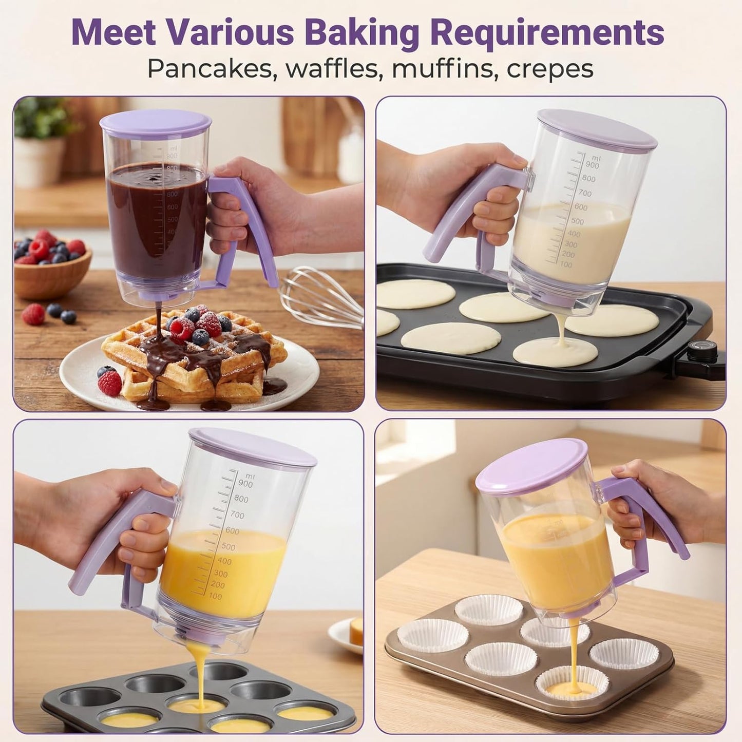 Pancake Batter Dispenser with Squeeze Handle – Evenly Dispense Batter for Pancakes, Waffles, Brownie, Cupcakes, Muffins & Crepes – Baking Tool with Measurement Scale for Breakfast, Easy Clean