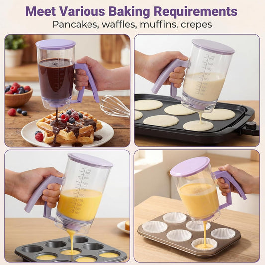 Pancake Batter Dispenser with Squeeze Handle – Evenly Dispense Batter for Pancakes, Waffles, Brownie, Cupcakes, Muffins & Crepes – Baking Tool with Measurement Scale for Breakfast, Easy Clean