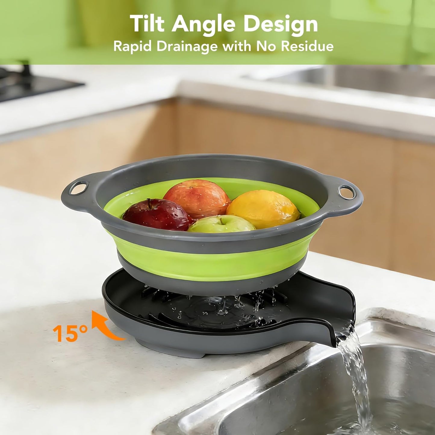 Collapsible Colander Set of 3 with Kitchen Counter Self-draining Base, Round Silicone Food Foldable Strainer for Cooking Pasta, Vegetables and Fruit (3QT, 4QT and 5QT), Black