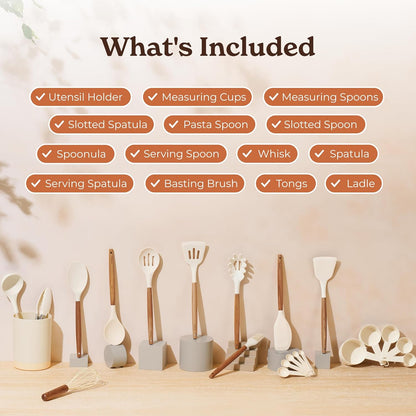 SMIRLY Kitchen Utensils Set – 22-Piece Silicone Cooking Utensils Set, Spatula Set with Holder, Wooden Handle Silicone Kitchen Gadgets for Nonstick Cookware