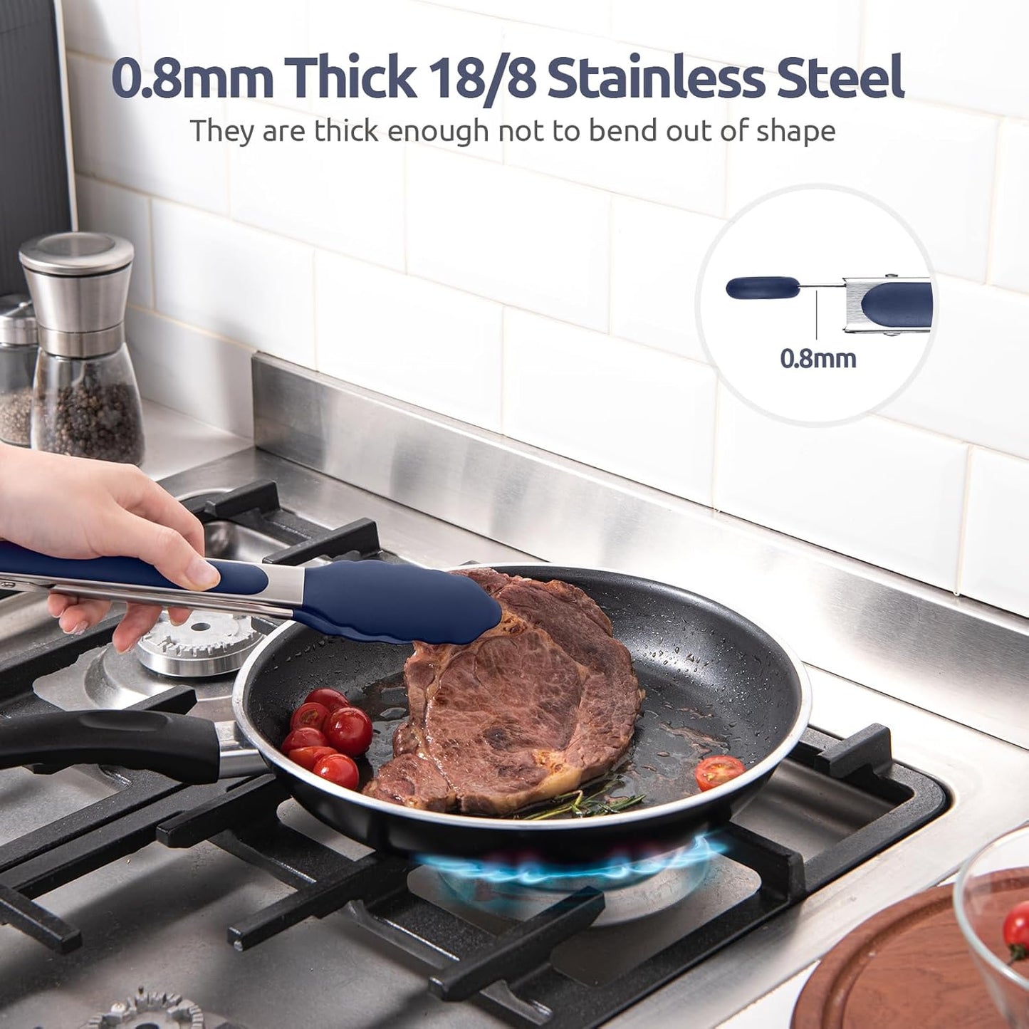 600ºF Heat Resistant Kitchen Tongs: U-Taste 9 inch Silicone Cooking Tong with Firm Sealed Non Stick Rubber Tips & Silicon Coated 18/8 Stainless Steel Handle & Smooth Locking for Serving Salad (Black)