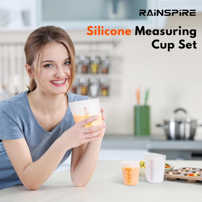 Rainspire Upgraded 3 Piece Silicone Measuring Cup Sets Squeeze & Pour Liquid Measuring Cups Flexible Chocolate Melting Cup Baking Supplies Chef Gifts