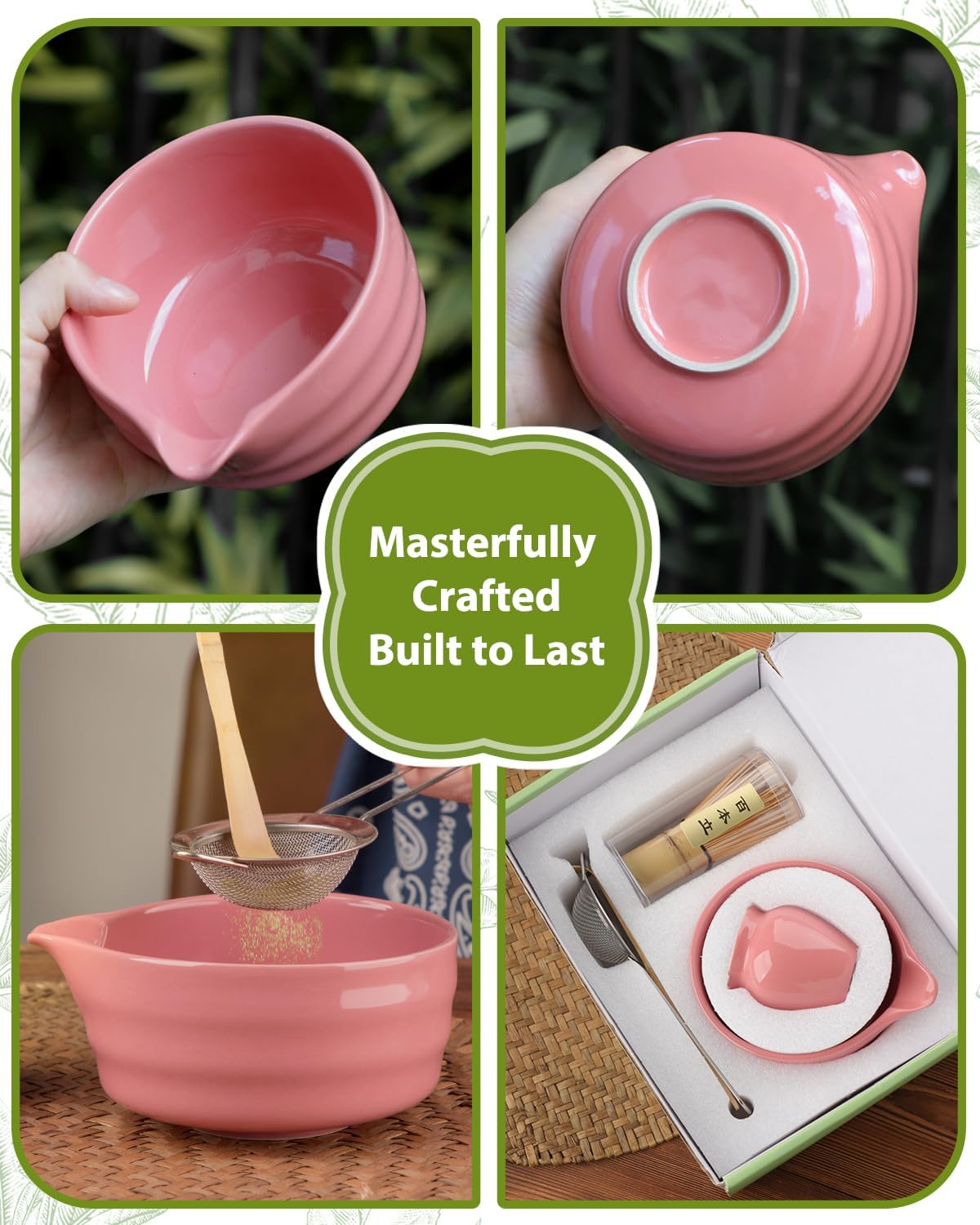 Matcha Whisk Set - 5PCS Matcha Set Includes 17OZ Chawan with Spout, Bamboo Chasen Whisk with Ceramic Holder, Matcha Scoop and Stainless Sifter, Matcha Kit for Ceremony, Gift for Matcha Lovers