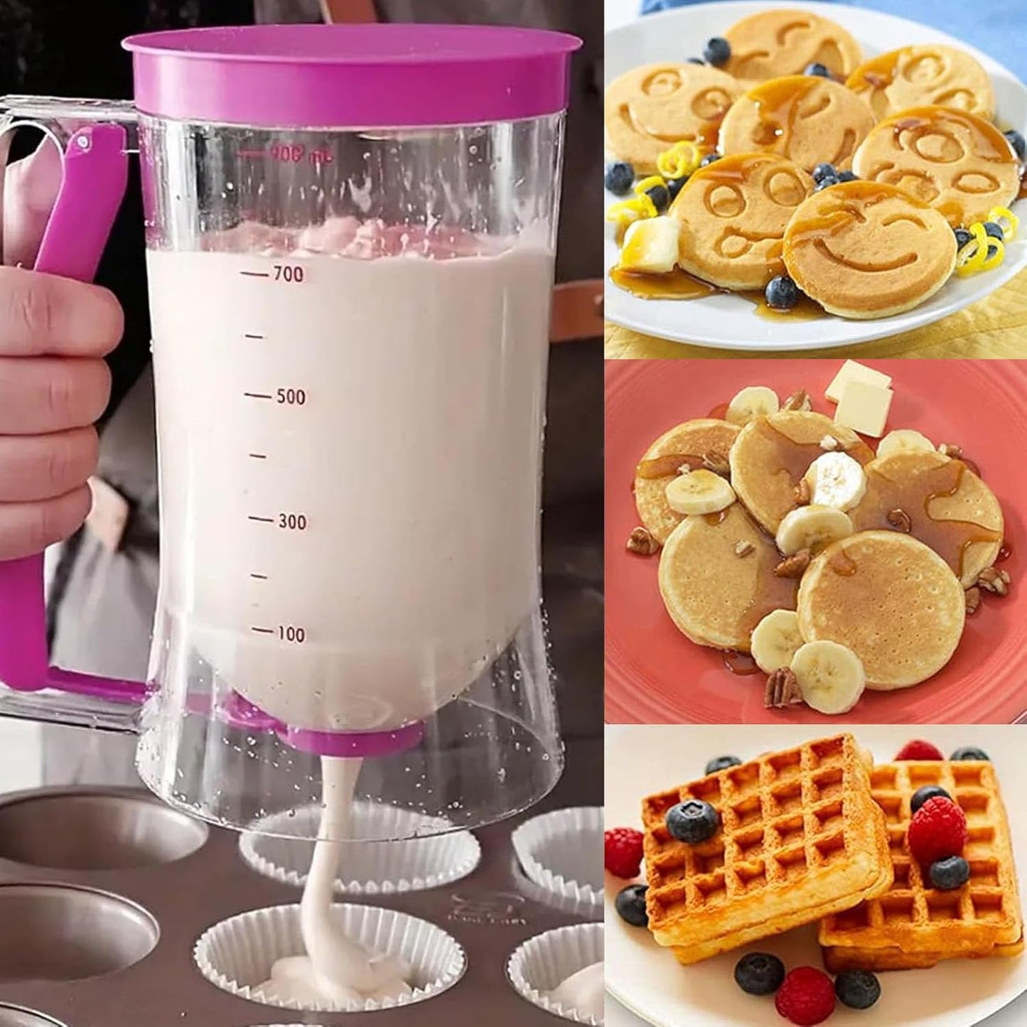 Kitchen Batter Dispenser,Squeeze Handle,Tool for Perfect Pancakes, Cupcake, Waffle, Muffin Mix, Cake & Crepe,Easy-Pour Pancake Dispenser Bottle for Smooth Baking(Purple)