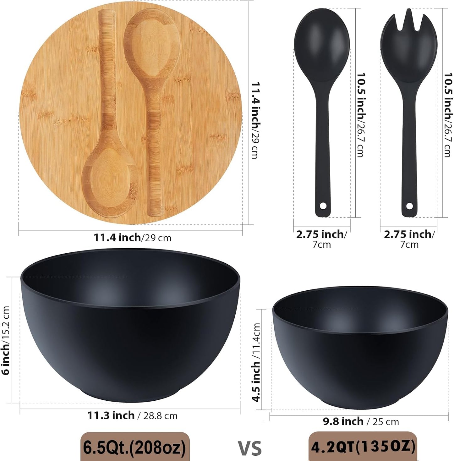 11.3" Extra Large Salad Serving Bowl Set with Wooden Lid&Utensils, 6.5Qt., Bamboo Fiber Salad Bowl with Servers for Kitchen, Lightweight Big Bowl for Mixing Salad,Fruit,Pasta - Matte White