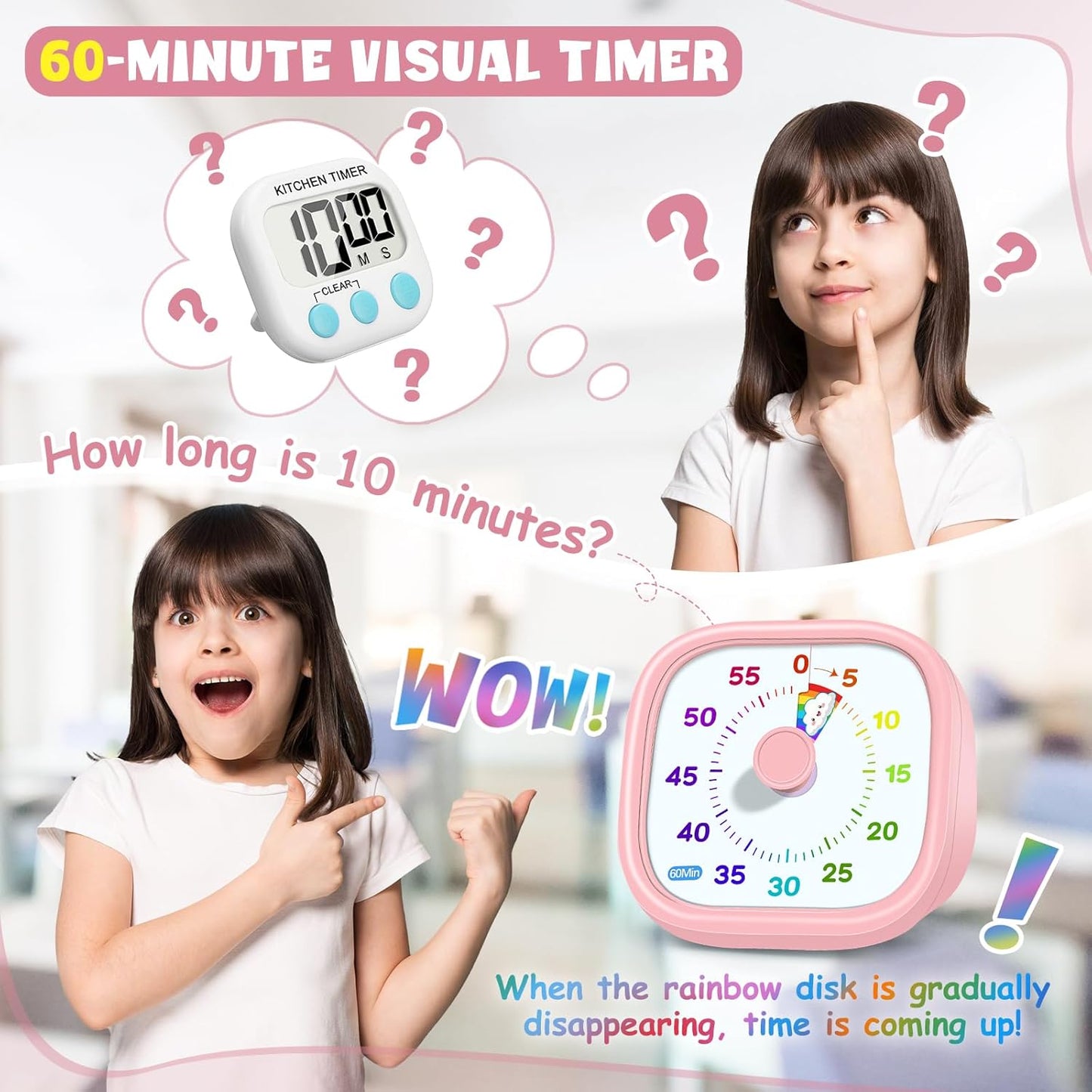 HIPPIH Visual Timer for Kids - 60 Minute Pomodoro Timers for Classroom Kitchen Office, Countdown Kids Timer Clock with Rainbow Disk, Desk Time Management Tool for Toddler with Silent Operation, Blue