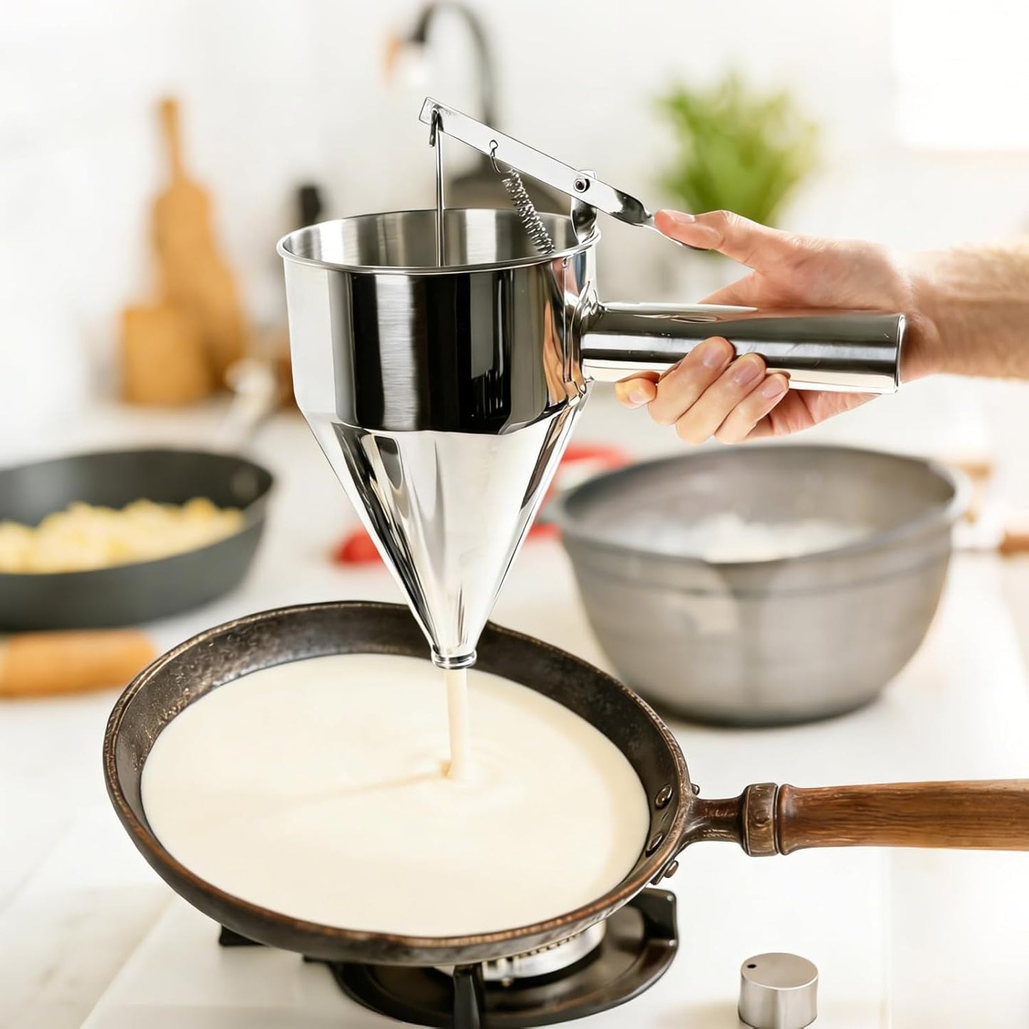 40oz Stainless Steel Pancake Batter Dispenser with Stand, Funnel Cake & Cupcake Batter Dispenser, Multi-Caliber Nozzles for Waffles, Crepes & Icing – Includes 4 Nozzles, Whisk & Brush