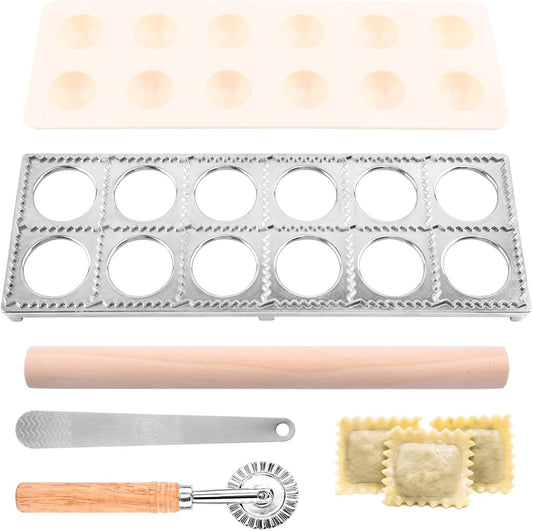 Ravioli Press Mold Set, 12 Holes Ravioli Maker Press,1 x Pasta Cutter Stamp Maker, 1xWood Rolling Pin Pasta Making Tools,1x Filling Spoon,for Ravioli, Dumpling,Hand Pie