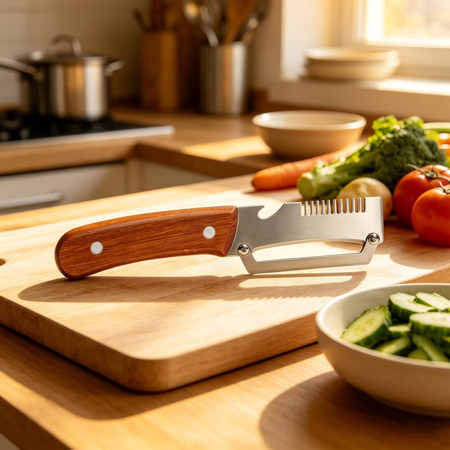 3-in-1 Multi-Function Kitchen Vegetable Peeler with Wooden Handle and Bottle Opener, Ideal for Peeling Fruits and Vegetables, Stainless Steel Blade Kitchen Tool (2 PCS)