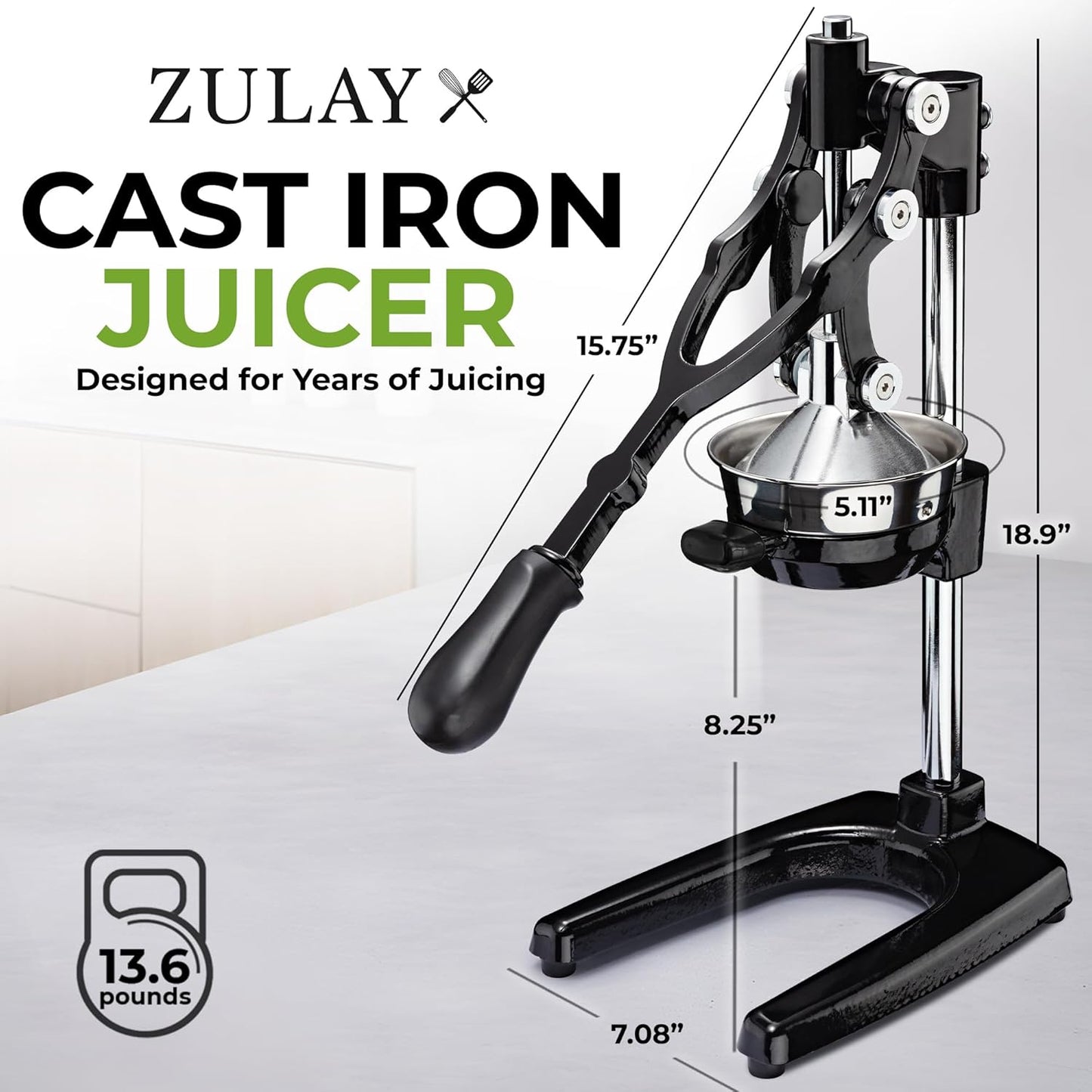 Zulay Kitchen Cast Iron Juicer - Heavy Duty Manual Juicer with Detachable Strainers for Easy Cleaning, Orange Juice Press for Citrus Fruits, Perfect for Bartenders, Juice Lovers & Health Enthusiasts