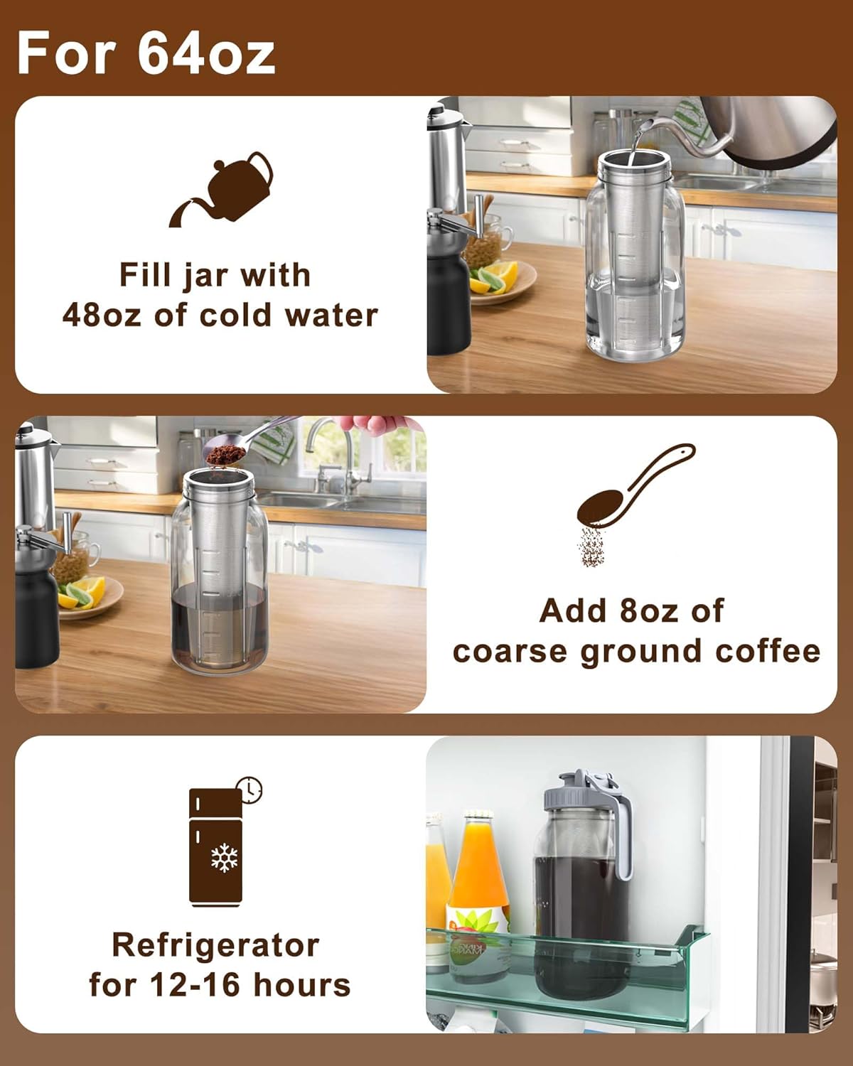 Cold Brew Strainer for 64oz Wide Mouth Mason Jars - 100-Micron Fine Mesh, Reusable 304 Stainless Steel Coffee Cold Brew Filter with Sealing Ring for Cold Brew Coffee Maker, Tea Infuser