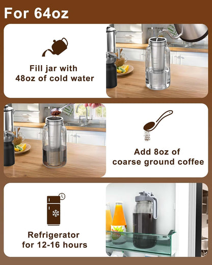 Cold Brew Strainer for 64oz Wide Mouth Mason Jars - 100-Micron Fine Mesh, Reusable 304 Stainless Steel Coffee Cold Brew Filter with Sealing Ring for Cold Brew Coffee Maker, Tea Infuser