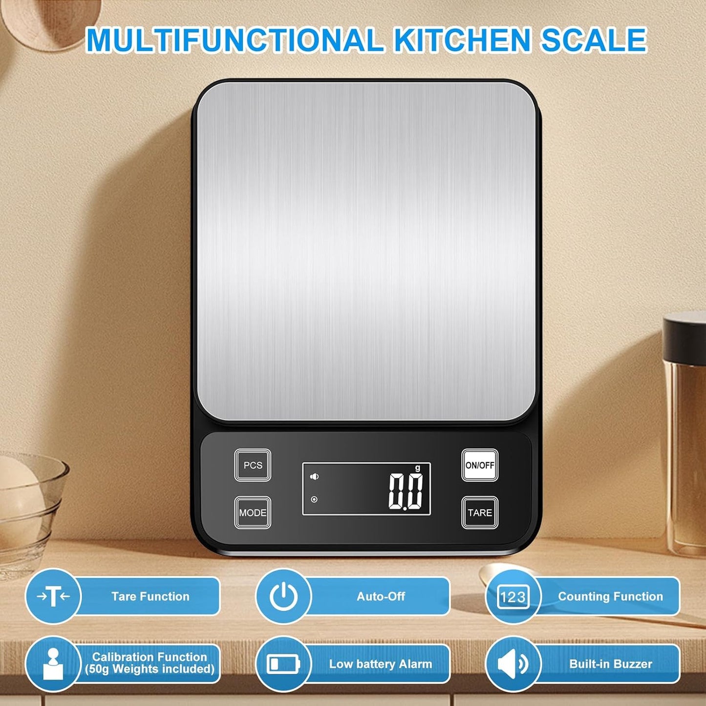 22lb Waterproof IPX67 Kitchen Scale with 0.1g/0.001oz High Precision, Diyife Large Stainless Steel Food Scale, 10 Unit, Washable, Hangable, USB Rechargeable, LCD Display, for Cooking, Baking
