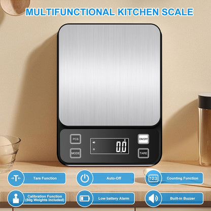22lb Waterproof IPX67 Kitchen Scale with 0.1g/0.001oz High Precision, Diyife Large Stainless Steel Food Scale, 10 Unit, Washable, Hangable, USB Rechargeable, LCD Display, for Cooking, Baking