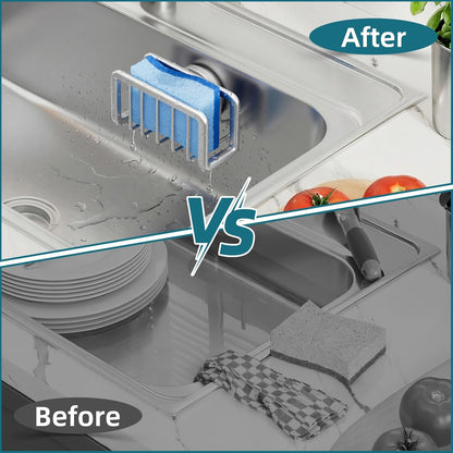 TAILI 4-in-1 Sink Caddy with Strong Suction Cup, Sponge Holder for Kitchen Sink Organizer, Removable, Rustproof, Stainless Steel Holder for Sponge, Brush, Scrubber, Scraper - Silver