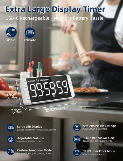 7.8" Digital Kitchen Timer with Large LED Display, Magnetic Rechargeable Countdown Timer, 5 Alarms & 4 Volume Levels, 99H Count Up/Down Timer for Cooking, Classroom & Study