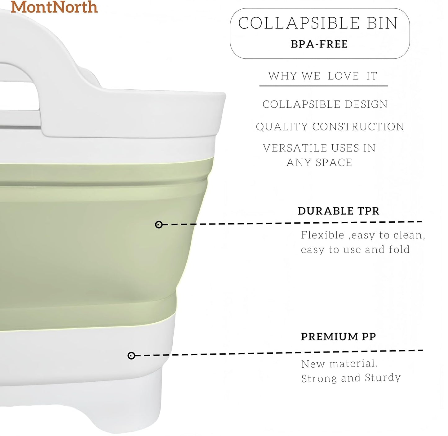 MontNorth Collapsible Wash Basin 9L, Foldable Dish Tub with Drain Plug, Portable Collapsible Dish Basin, Camping Sink for Washing Dishes, Laundry & Kitchen Use,Gray
