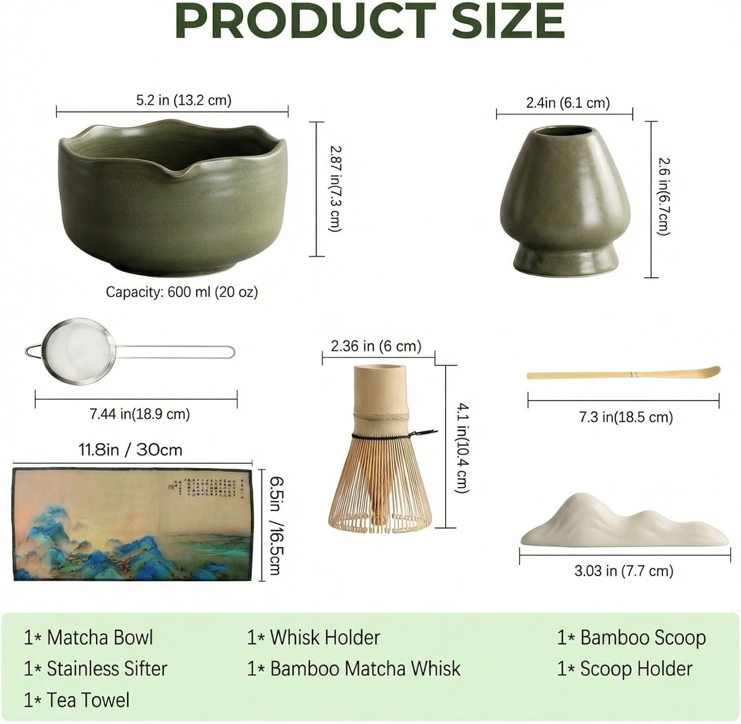 Matcha Whisk Set ,7 Pcs Matcha Set, Matcha Kit for Ceremony, Tradition Tea Set for Making Breakfast/Latte, with 20 OZ Bowl(Chawan)/Whisk and Holder, Valentine's Day Gift for Family/Friend Tea Lovers