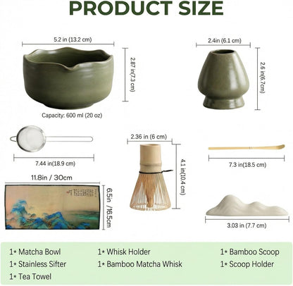 Matcha Whisk Set ,7 Pcs Matcha Set, Matcha Kit for Ceremony, Tradition Tea Set for Making Breakfast/Latte, with 20 OZ Bowl(Chawan)/Whisk and Holder, Valentine's Day Gift for Family/Friend Tea Lovers