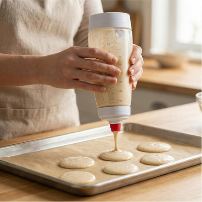 2 Pack Pancake Batter Dispenser & Mixer Bottle with Wire Whisk Ball - Squeeze Dispenser for Batter, Waffles, Cupcakes, Crepes - Heat Resistant Silicone Tip, BPA Free Baking Tool for Blackstone Griddle