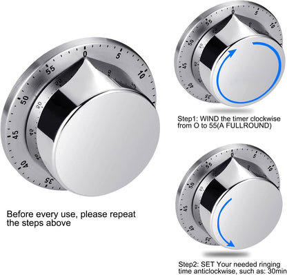 Albayrak Kitchen Timer, Chef Cooking Timer Clock with Loud Alarm, No Batteries Required, 100% Mechanical - Magnetic Backing, Exquisite Stainless Steel Body - Countdown Reminder - Silver 1Pack