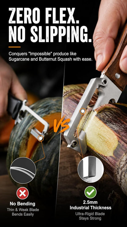 Precision Peeler Pro Heavy Duty Vegetable Peeler, 420 Stainless Steel 2.5mm Thick Blade, Julienne Peeler with Wood Handle & Bottle Opener for Hard Produce (A+B)
