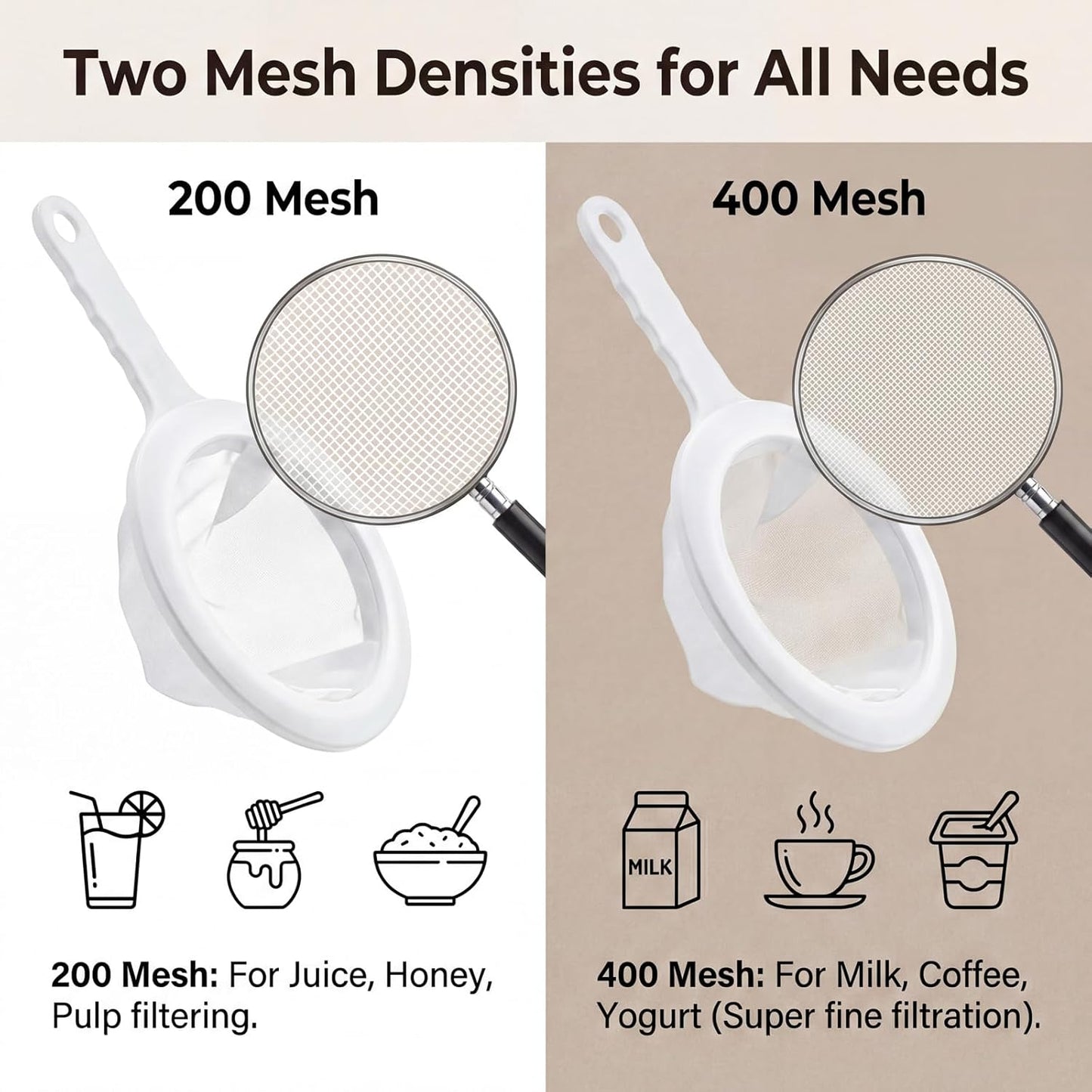 2 Pcs Fine Nylon Mesh Strainer, 200+400 Mesh Ultra Mesh Sieve Mini Kitchen Colander Food Yogurt Mesh Sieve for Filtering Yogurt Juice Milk Honey Coffee Flour