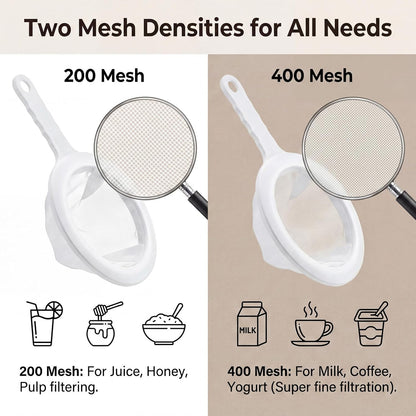2 Pcs Fine Nylon Mesh Strainer, 200+400 Mesh Ultra Mesh Sieve Mini Kitchen Colander Food Yogurt Mesh Sieve for Filtering Yogurt Juice Milk Honey Coffee Flour