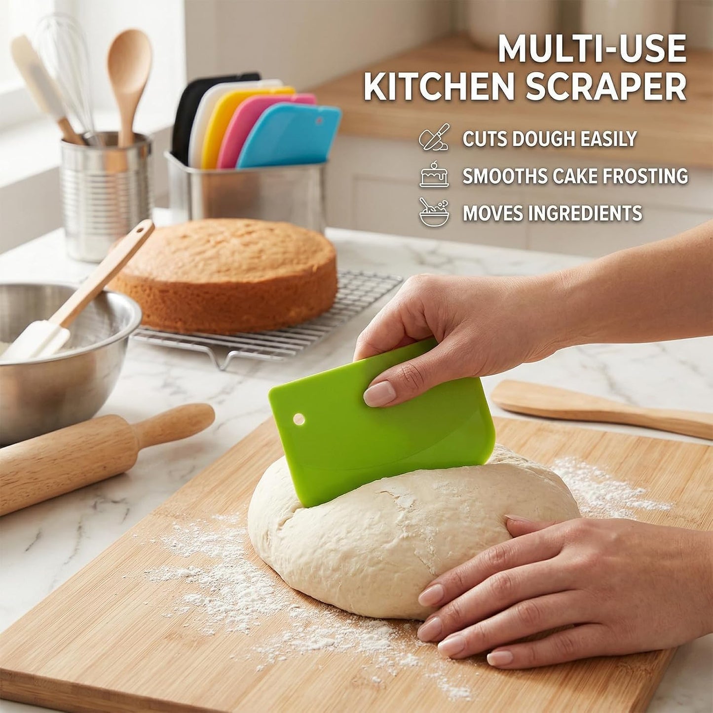 TIESOME 12PCS Dough Scraper, Plastic Thickened Bench Scraper 6 Colors Multipurpose Bowl Scraper for Kitchen, Baking, Cake, Bread, Pizza, and Pastry
