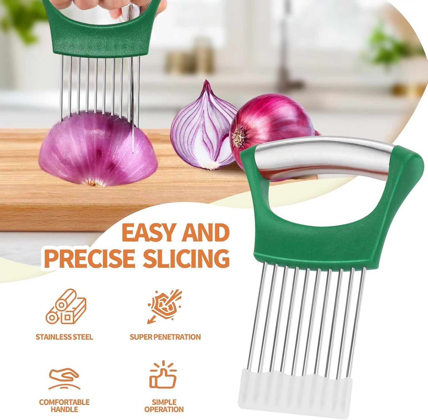 2PCs Stainless Steel Onion Slicer Holder, Onion Cutter Holder for Slicing of Onions,Tomatoes,Avocados,Eggs and Other Vegetables,KItchen Utensils (Orange & Black)