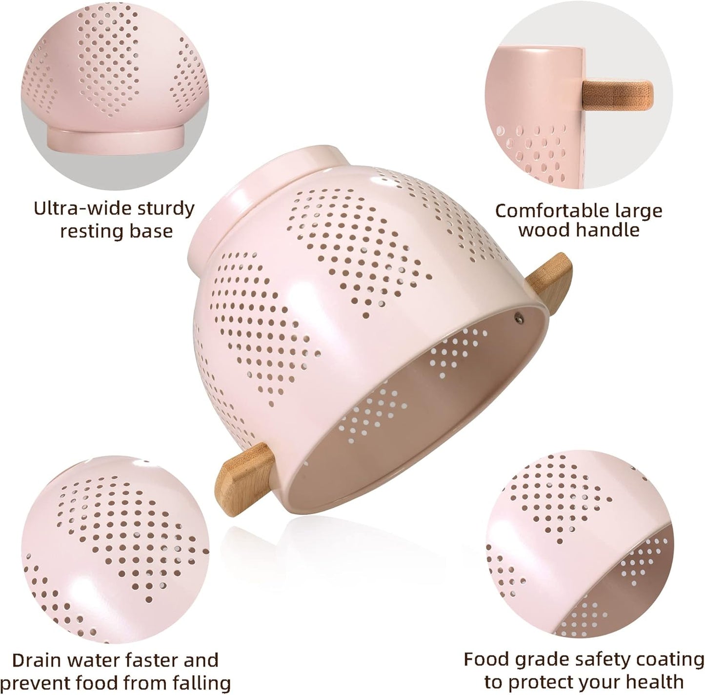 Metal Colander with Wood Handle and Stable Base, 5.5 Quart Powder Coated Steel Kitchen Strainer Basket for Draining Pasta, Vegetable and fruit,Cream