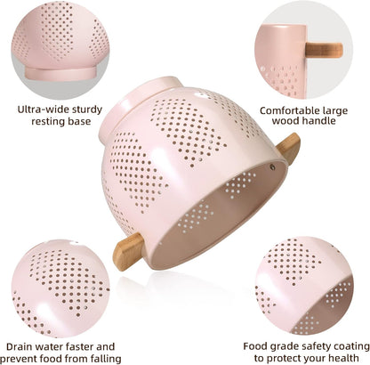 Metal Colander with Wood Handle and Stable Base, 5.5 Quart Powder Coated Steel Kitchen Strainer Basket for Draining Pasta, Vegetable and fruit,Cream