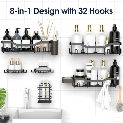 NESOMI Shower Caddy Adhesive Shower Organizer 7-Pack, Rustproof Stainless Steel Bathroom Shelves, Large Capacity No-Drill Rack Storage Accessories with Soap Dish Toothbrush Holder &24 Hooks Home Decor