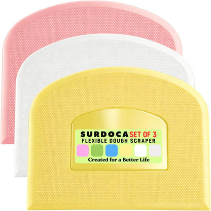 SURDOCA Dough Scraper Bench Scraper - 3P 4.7x3.7" Plastic Flexible Bowl Scraper, Sharp Edge & Angles Cake Scraper. Non-Slip Bakeware Decorating Tools Sculpting & Modeling Tools - Green+White+Green - Colors A