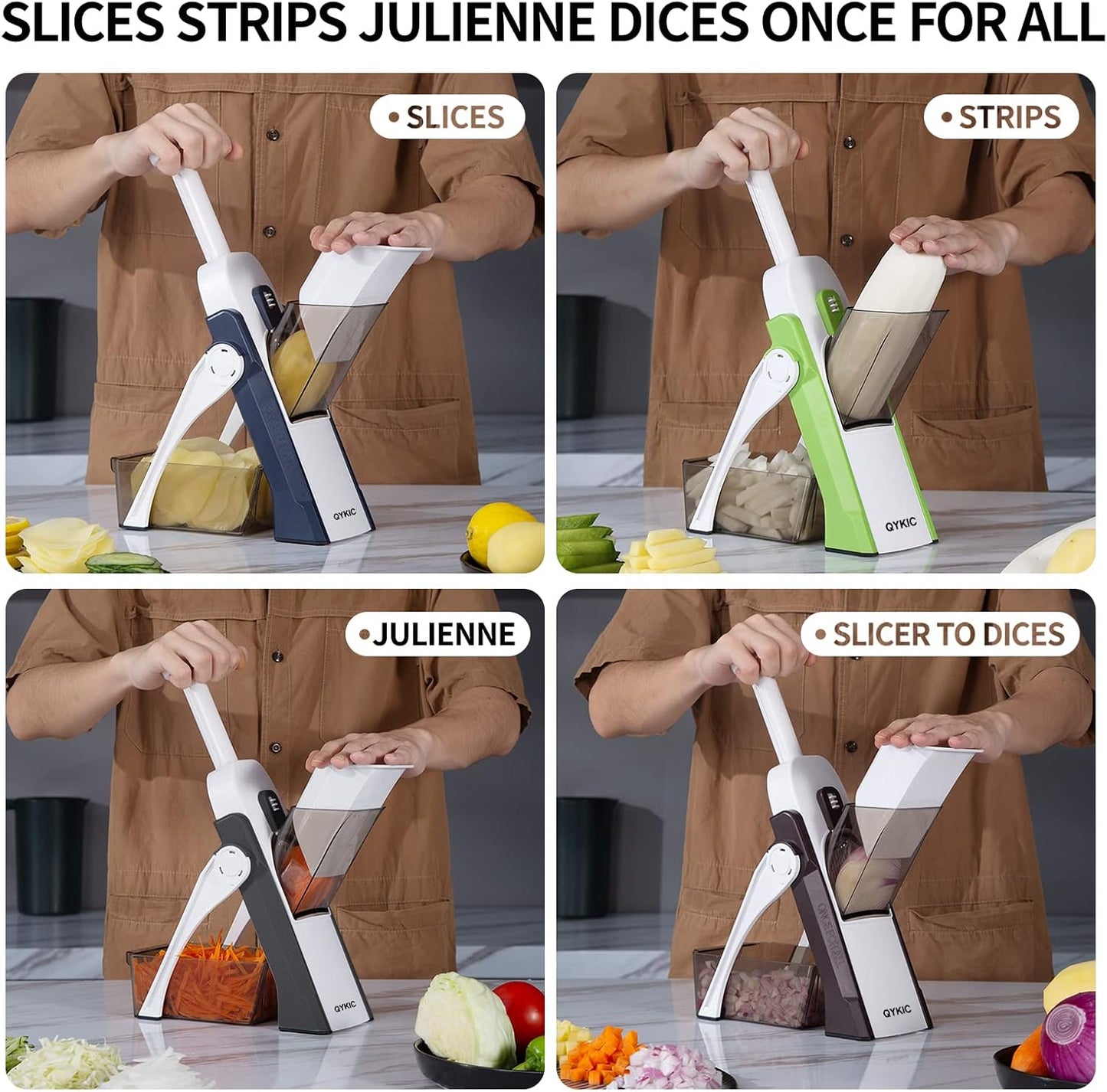 QYKIC Safe Mandoline Slicer 5 in 1 Vegetable Chopper Food Potato Cutter, Strips Julienne Dicer Adjustable Thickness 0.1-8 mm Kitchen Chopping Artifact Fast Meal Prep