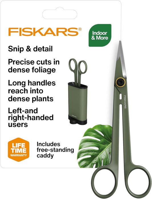 Fiskars Plant Shaping Shears & Holder, Precision Indoor Gardening Snips with Storage Caddy, Forged Stainless Steel Blades for Clean Cuts on Broad Leaves, Ambidextrous Handles & Stem Stripper, 6"