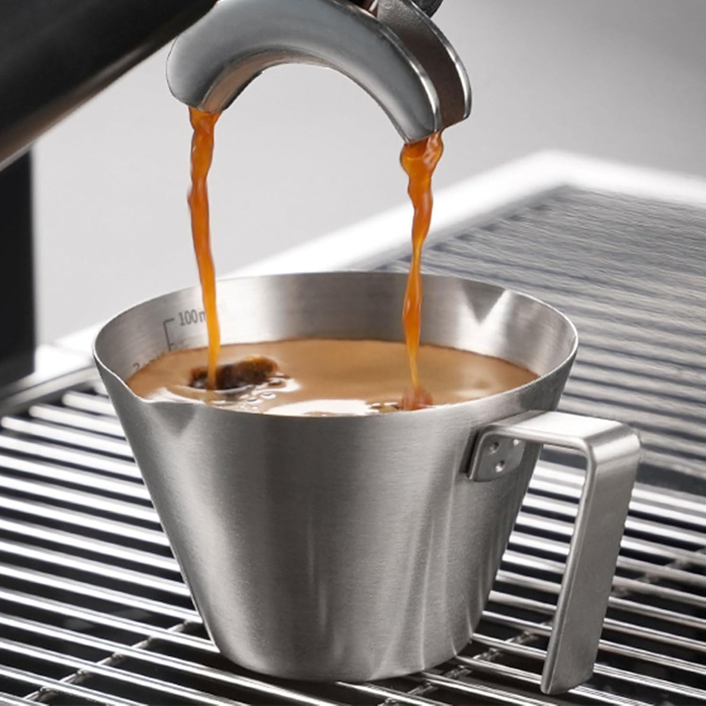 YARRAMATE 2 Pcs Espresso Cups with Handle, Stainless Steel Espresso Accessories, Double Spout Metal Measuring Cup with Dual Scale, Espresso Shot cup with V-Shaped Mouth, 3.4OZ/100ML(Silver)