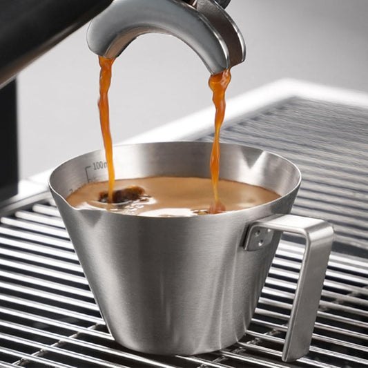 YARRAMATE 2 Pcs Espresso Cups with Handle, Stainless Steel Espresso Accessories, Double Spout Metal Measuring Cup with Dual Scale, Espresso Shot cup with V-Shaped Mouth, 3.4OZ/100ML(Silver)