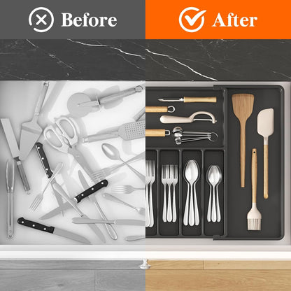 Lifewit Silverware Drawer Organizer, Expandable Utensil Tray for Kitchen, BPA Free Flatware and Cutlery Holder, Adjustable Plastic Storage for Spoons Forks Knives, 11-18 x 14", Black