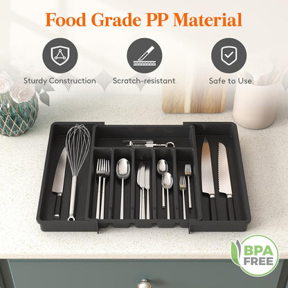 Lifewit Silverware Drawer Organizer, Expandable Utensil Tray for Kitchen, BPA Free Flatware and Cutlery Holder, Adjustable Plastic Storage for Spoons Forks Knives, 11-18 x 14", Black